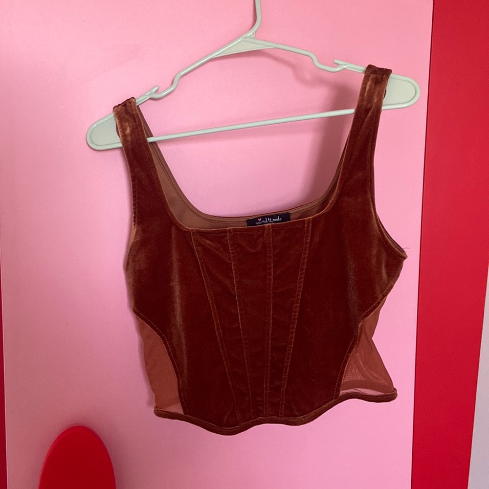Rust Cropped Tank Top Corset Style Velour with Lace Slits, Large